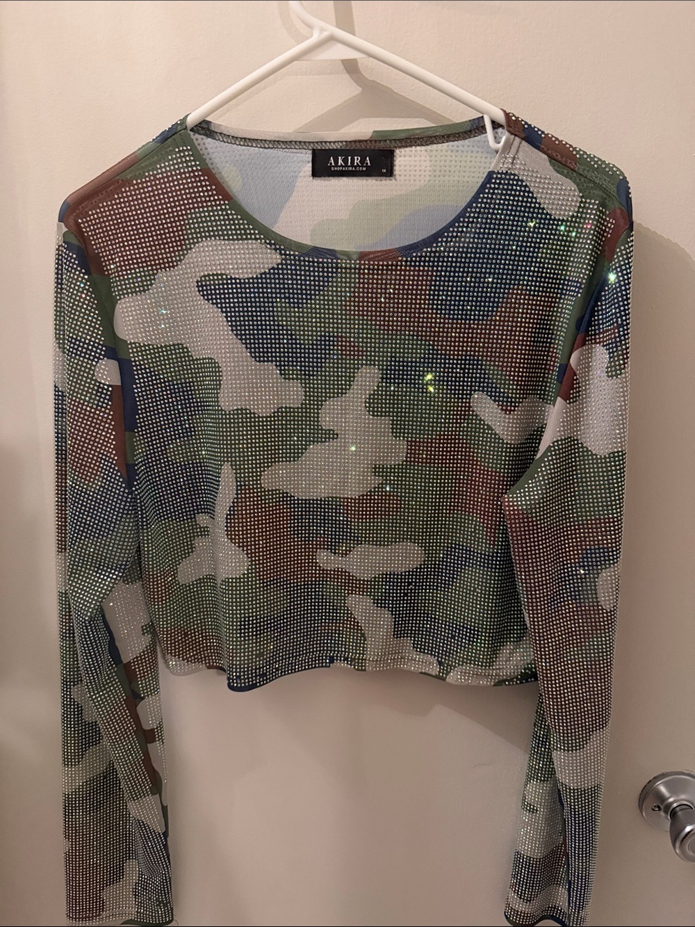 AKIRA Green Camo Sheer Rhinestone Long Sleeve Top